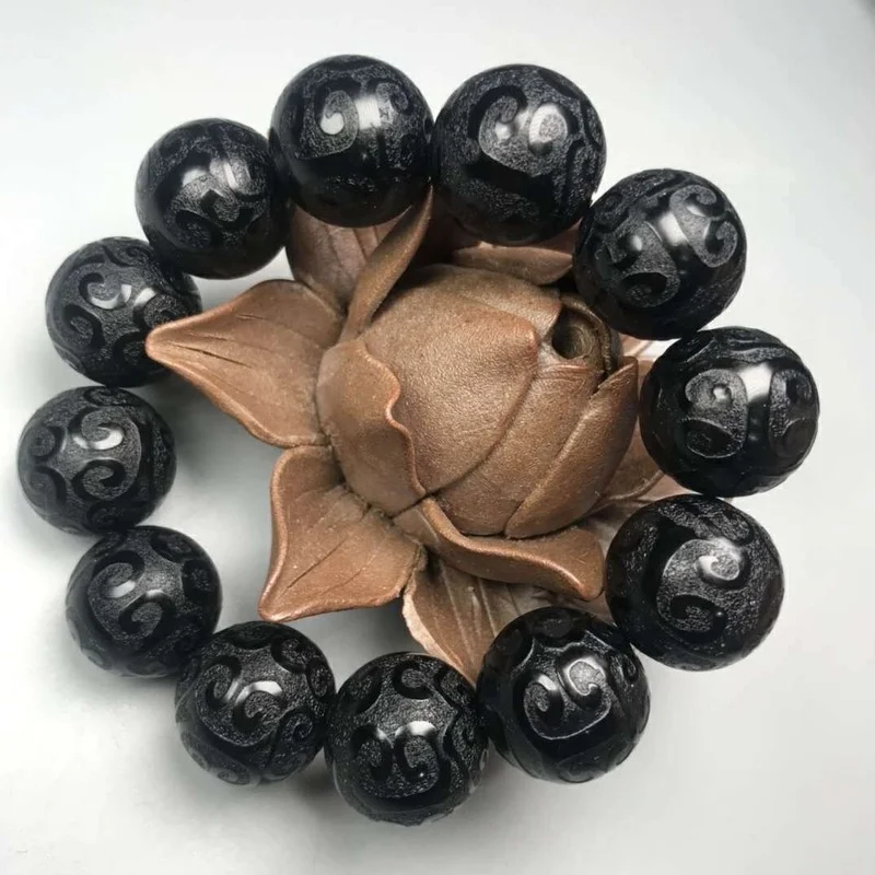 

Natural Blue Jades Bracelet Men Women Fine Jewelry Hand-carved Exquisite Pattern Black Agate Beads Bangle Fengshui Bracelets