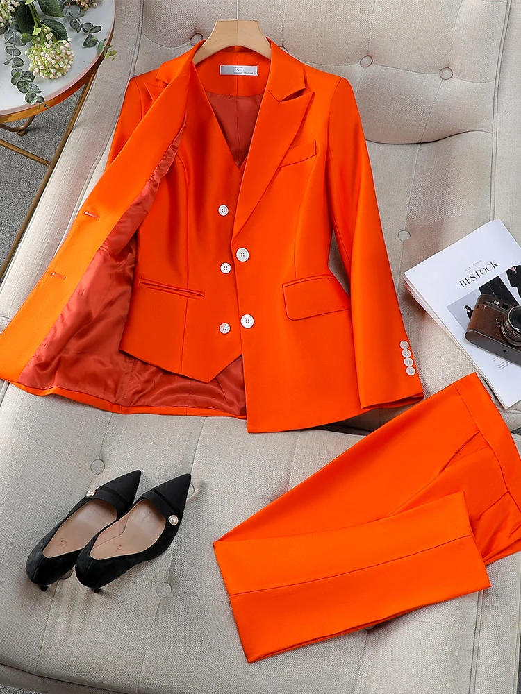 

Autumn Women Vest Blazer and Pant Suit Pink Navy Orange Office Ladies Business Work Career Wear Formal 3 Pieces Set JJ1039