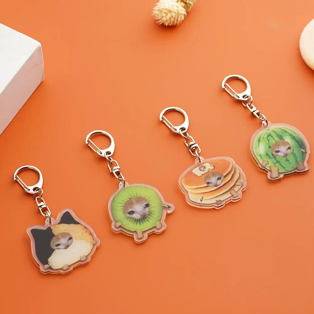 New Food Cat Happy Cat Keychain Cute Apple Cat Head Keyrings Popular Bookbag Hanger Funny Bag Pendant Accessories