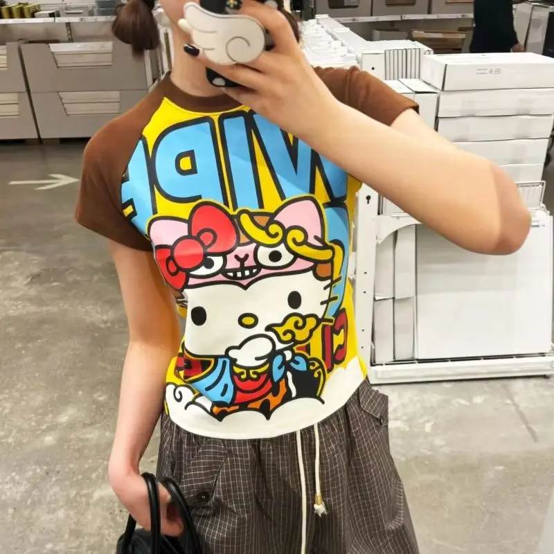 

Hello Kitty Y2K аниме футболка с короткими рукавами милый мультяшный принт готический летний топ для женщин уличная мода повседневная одежда
