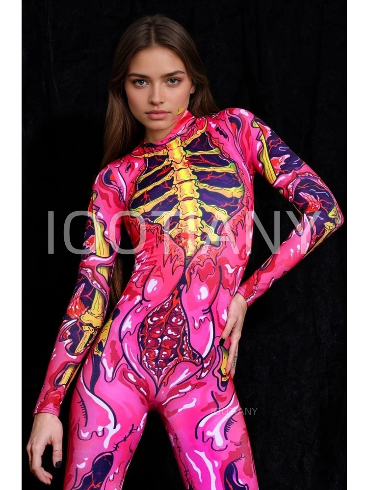 Damen-Party-Kostüm für Feiertage, Cyberpunk-Comic-Zombie-Bodysuit, Halloween, lustiges Cosplay-Skelett-Kostüm, Karneval, Stretch-Strumpfhose, Jumpsuit – Detail 12