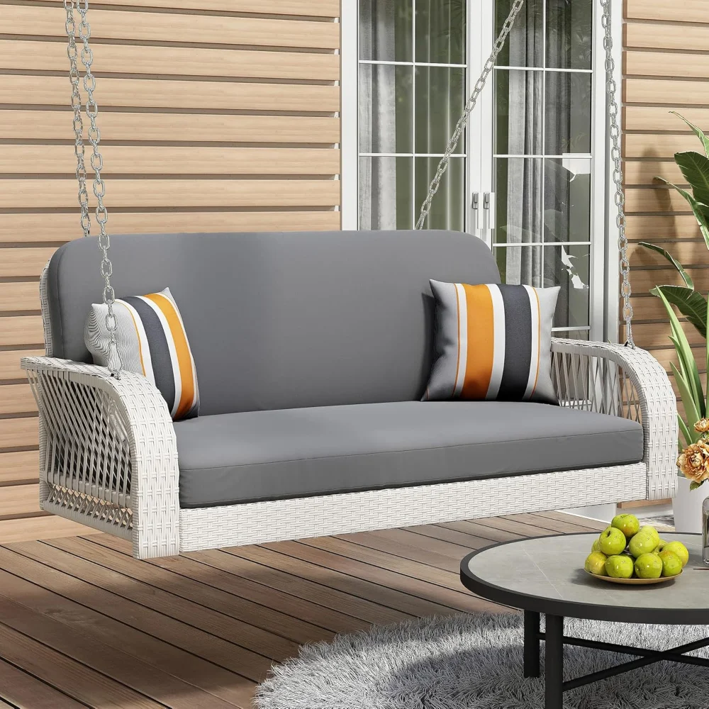 

Porch Swing 2-Seater, 2 Person Wicker Hanging Bench With Chains & Cushions, 500 lbs Weight Capacity, Rattan Outdoor Swing