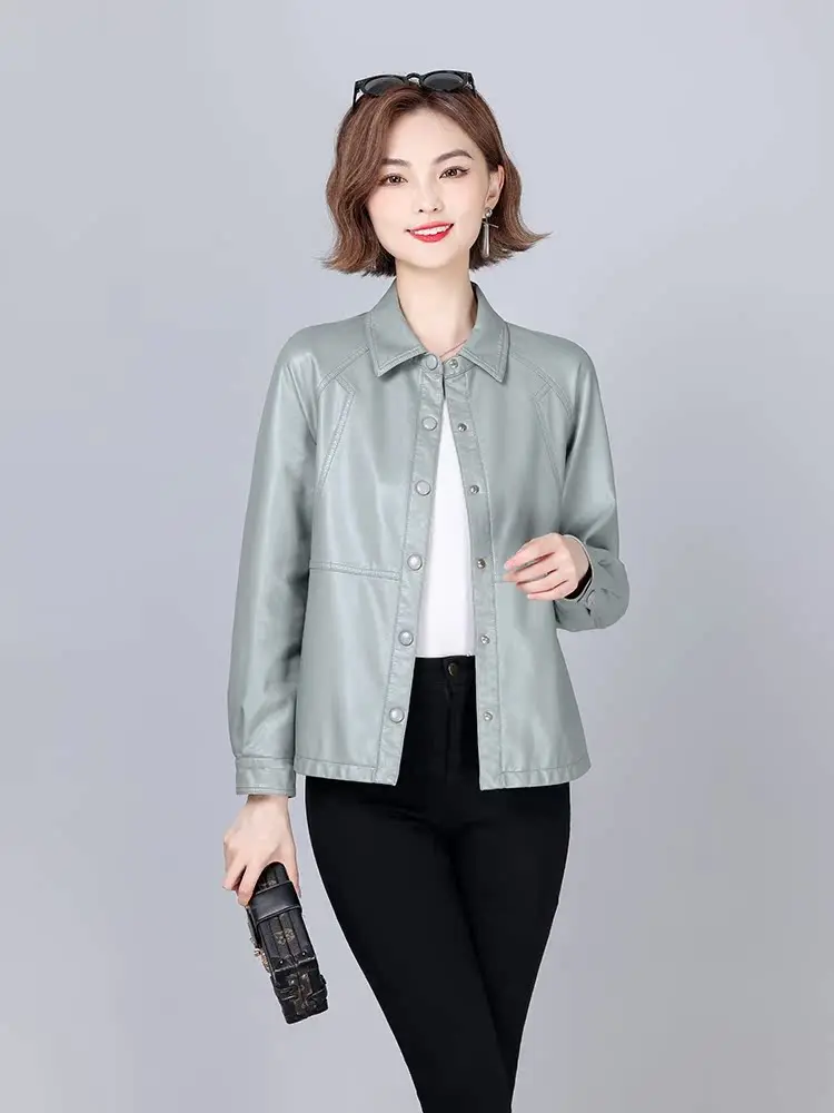 

Women's ort eepskin Jaet Small Size Button-Up Collar Coat Haifeng Genuine Leather Autumn Winter New Sle plus Size