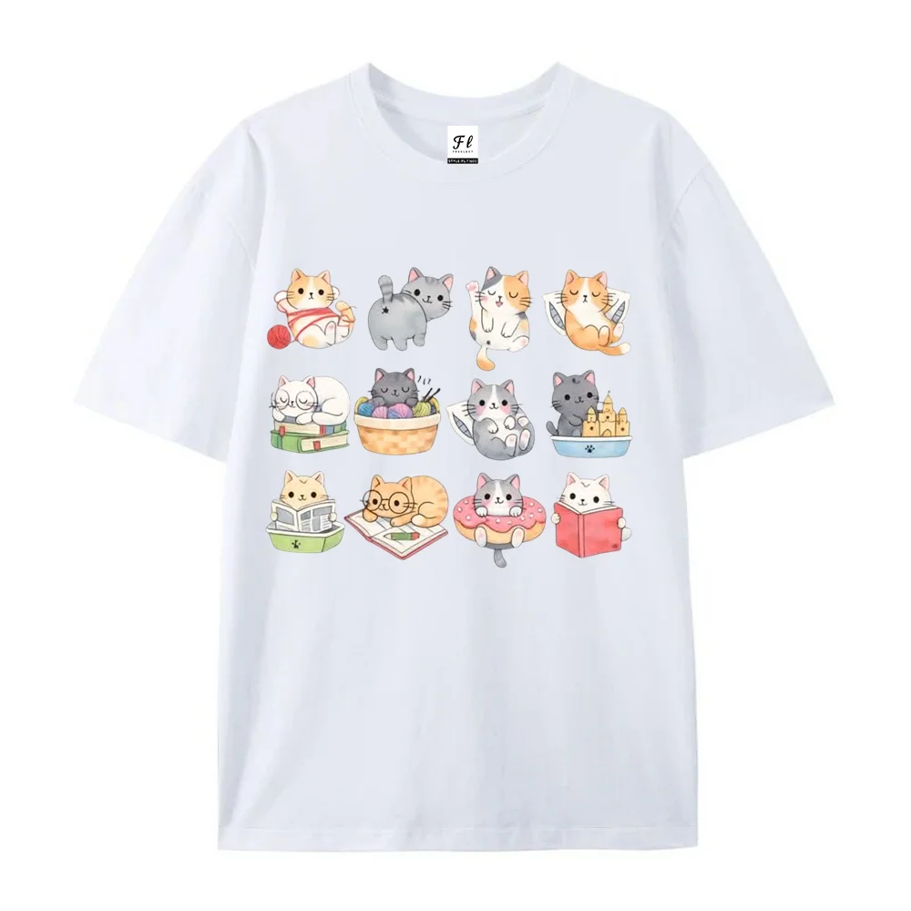 Cute Reading Cats Print T Shirt Cartoon Kitten Book Donut Oversized Short Sleeve Tees Casual Aesthetic Loose Cotton T-shirt