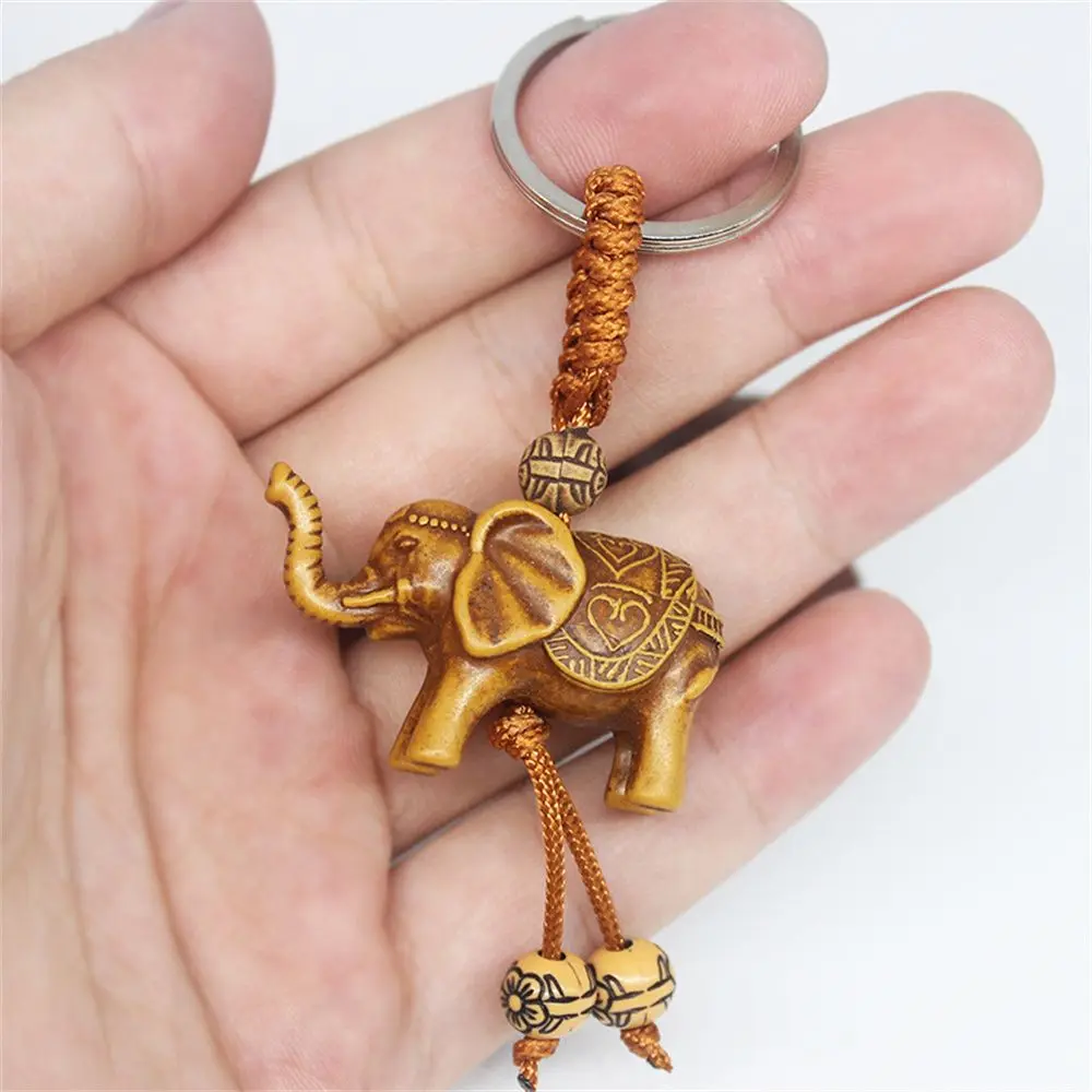 Jewelry Gift Elephant Buckle Religion Wooden Keychain Carving Pendant Key Holder Key Ring