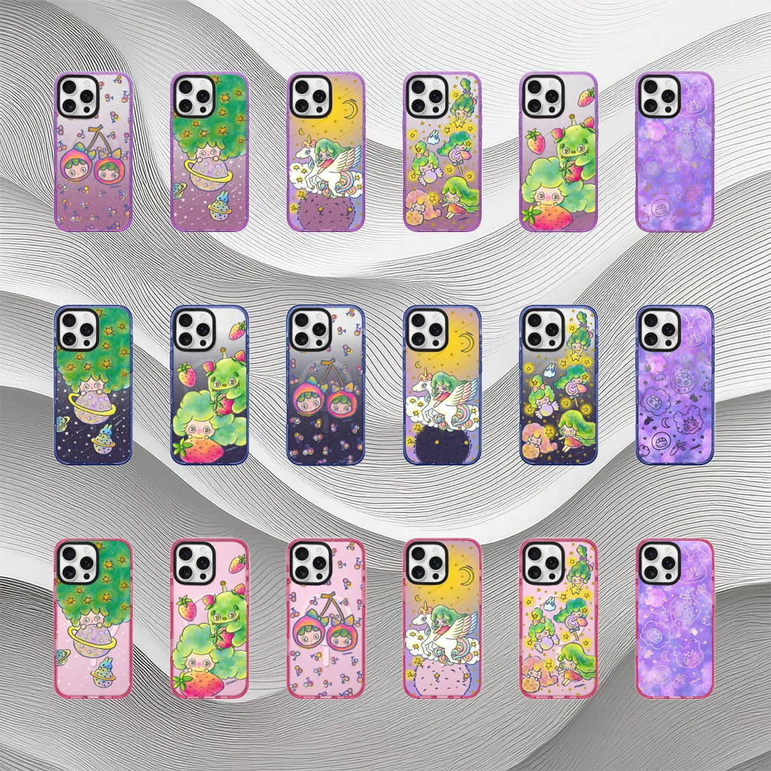 

Girls Cute Strawberry Blue Purple Pink Glitters Border Magnetic Phone Case Cover for IPhone 16 15 14 13 12 Pro Max Case