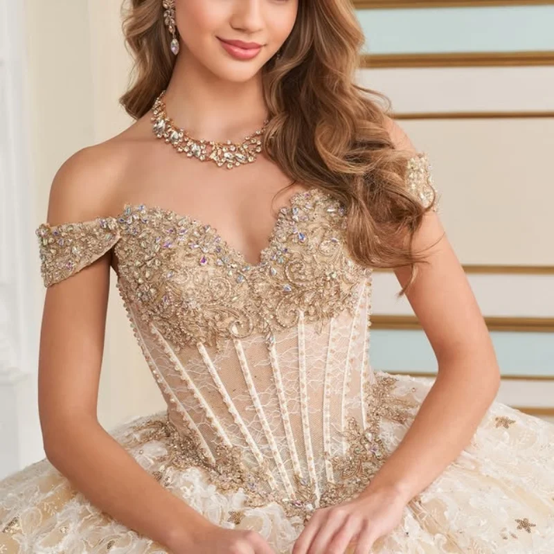 Robe de Quinceanera jaune clair, épaules dénudées, fleur 3D, paillettes de cristal, décalcomanie, longue queue, robes de 15 Quinceanera ﻿ Personnaliser