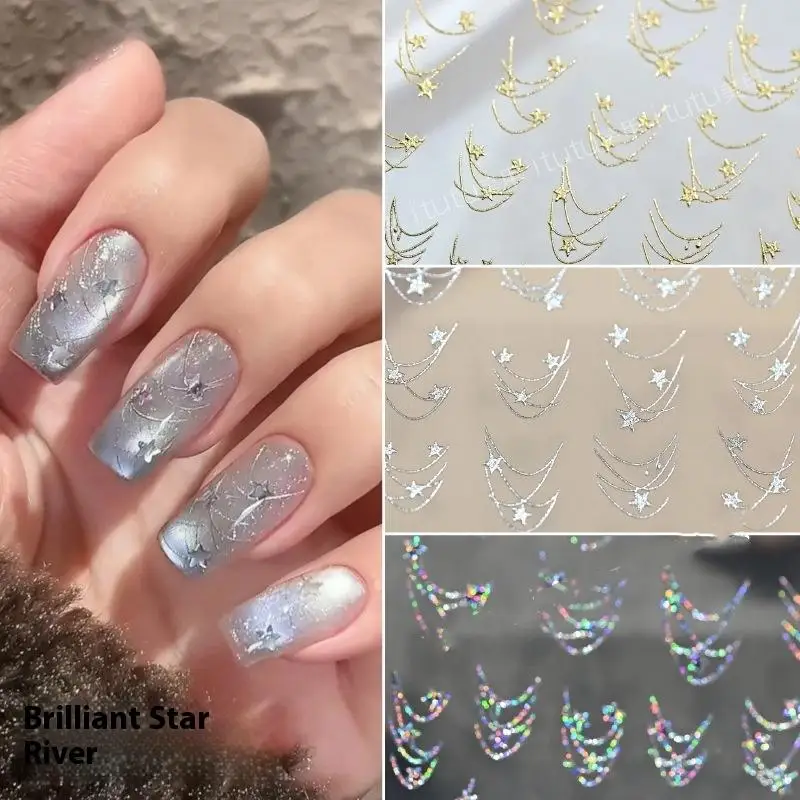 

Star Necklace Curved Line Arc Hot Stamping Retro 5D Nail Art Stickers Decoration Adhesive Manicure Decals DIY