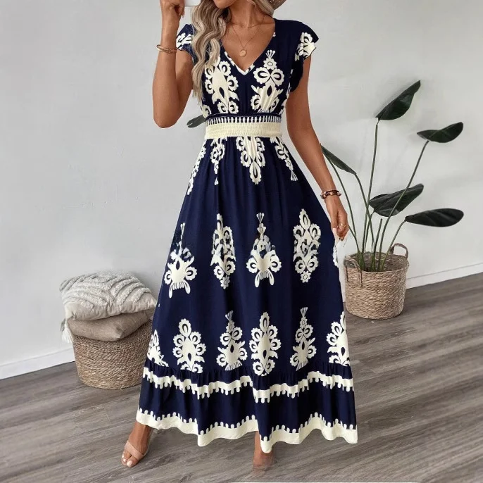 فستان نسائي صيفي 2025 بتصميم واسع وطباعة أنيقة لعطلة الشاطئ، خصر مطاطي، محبوك من البوليستر السميك، وصول جديد #5