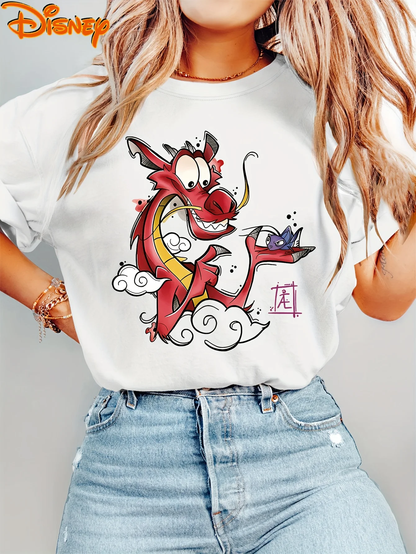 المرأة ديزني مولان الأحمر Mushu التنين تي شيرت الرجال القطن المحملة س الرقبة عادية كبيرة الحجم قصيرة الأكمام الشارع الشهير ملابس علوية الموضة