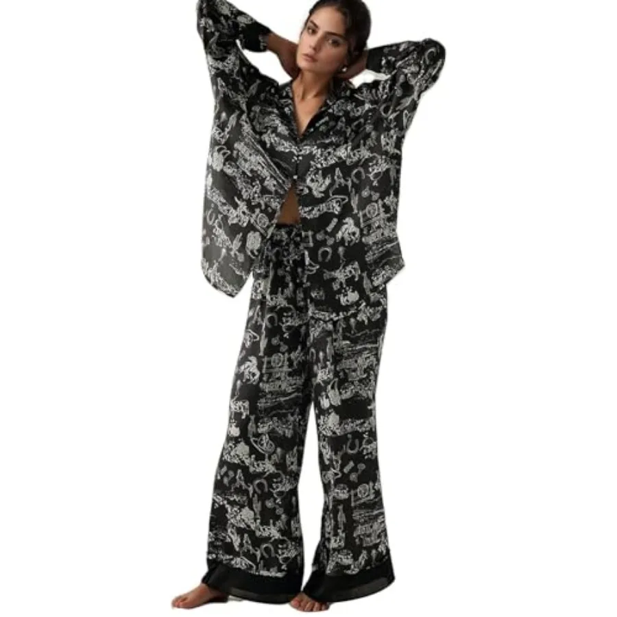 

Yimoon Satin Pajama Set for Women Silk Pajamas Set 2 Pcs Floral Cute Pj Set Long Sleeve Pjs Sleepwear