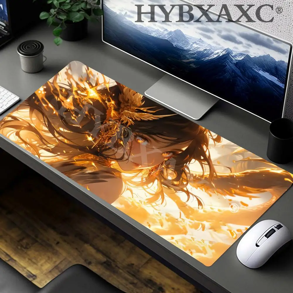 HYBXAXC Anime Golden Phoenix Girl Mouse Pad, Aesthetic Fire Phoenix Anime Large Gaming Desk,Anime Aesthetic Decor for Anime Fans