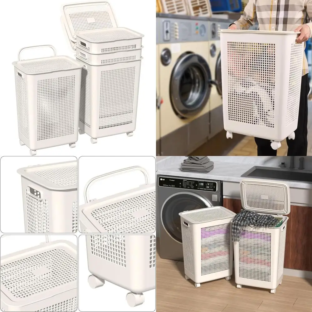 

Large Capacity Plastic Laundry Hamper with Wheels and Lids, 4 Pack Storage Baskets for Home Organization