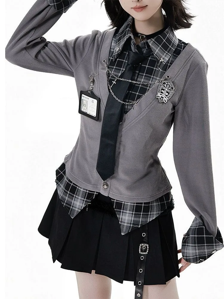 

2025 Новый винтажный женский комплект из 2 предметов в консервативном стиле, уличная одежда, клетчатые лоскутные топы с двумя топами + японские корейские мини-юбки Y2k