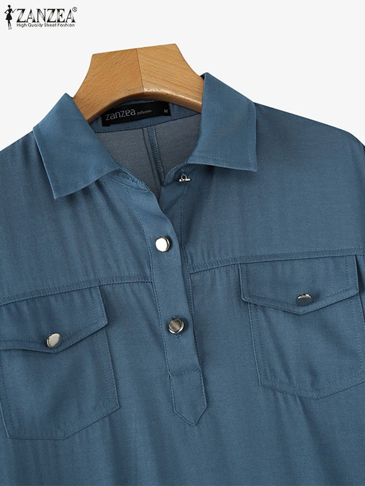 ZANZEA 패션 용수철 데님 블루 선드레스 여성용, 2025 여름 원피스 캐주얼 3/4 소매, 헐렁한 작업 베스티도, 카프탄 맥시 롱 원피스