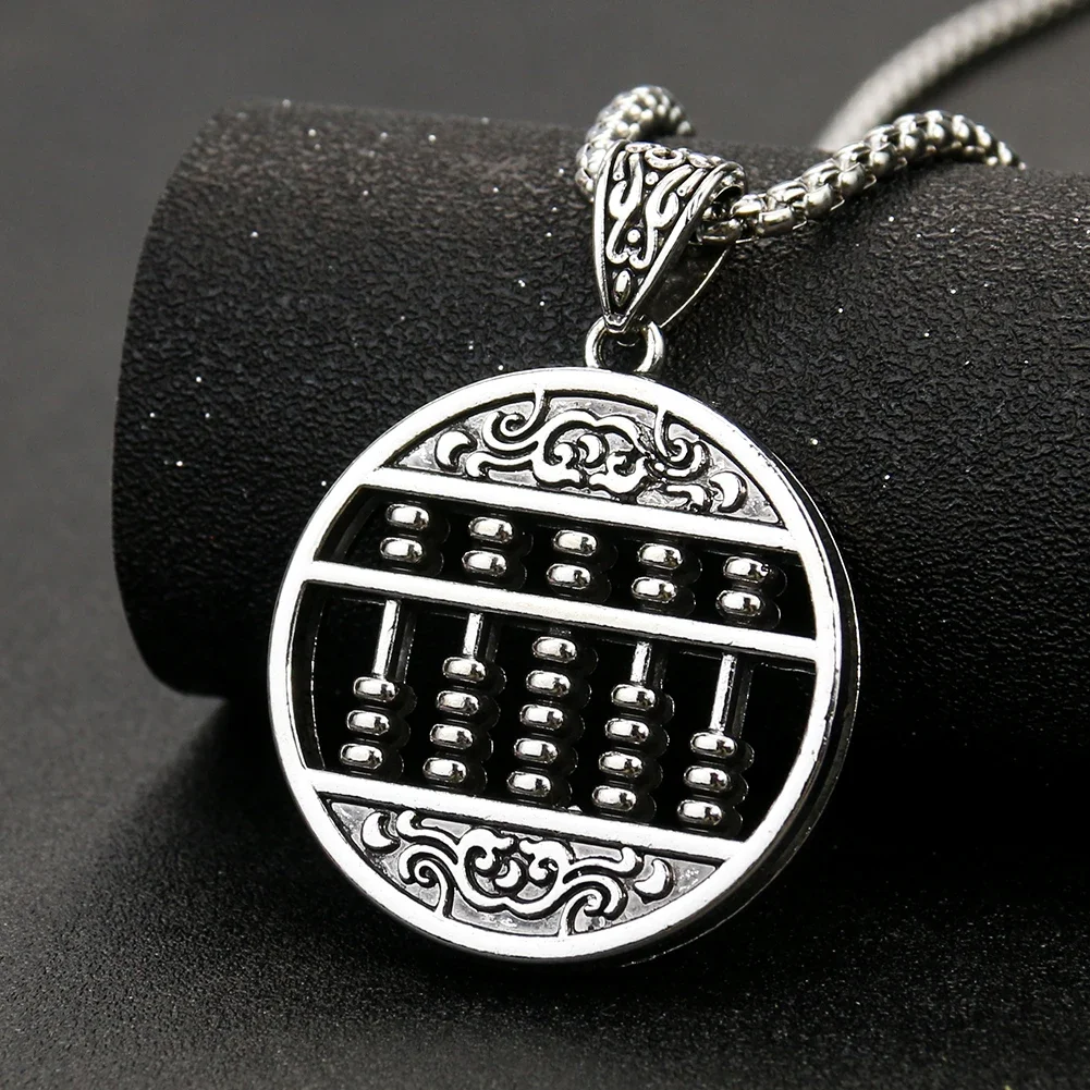 Round Metal Silver Color Abacus Necklace Lucky Counting Frame Tool Wealth Pendant Amulet Best Wish Punk Rock Long Chain