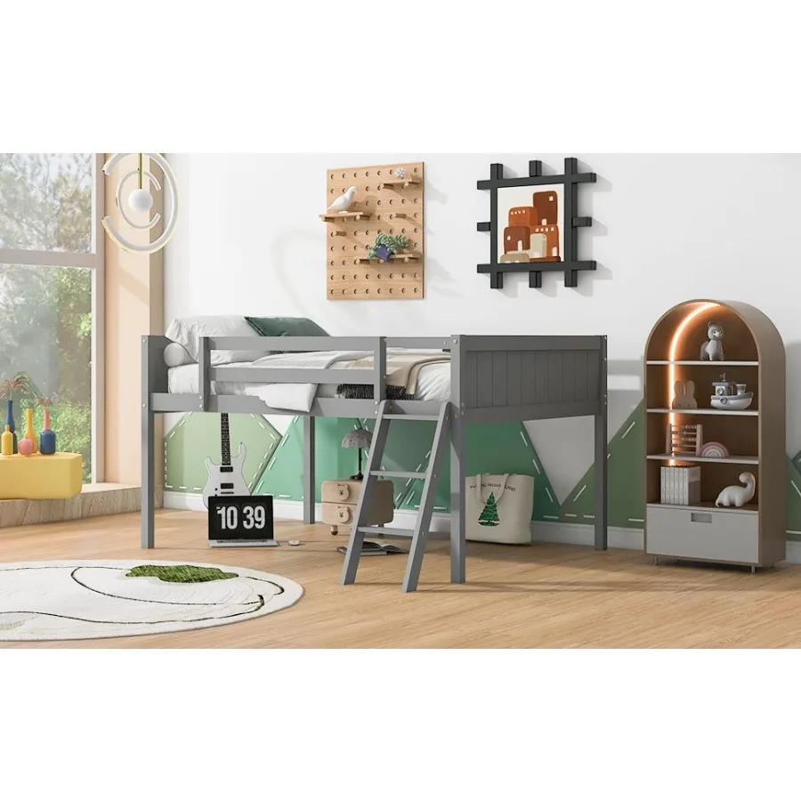 يمكن وضع سريرًا منخفضًا من الخشب بالحجم الكامل مع سلم سلم على اليسار أو الأيمن رمادي قديم SKU: GX000366AAE #4