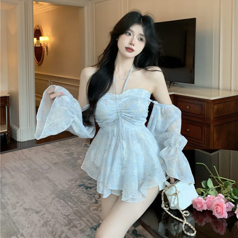 crop top  kawaii vintage clothes shirts for women  shirts  aesthetic Sweet Holiday Style beach Flower Summer Slim-fit Short Top