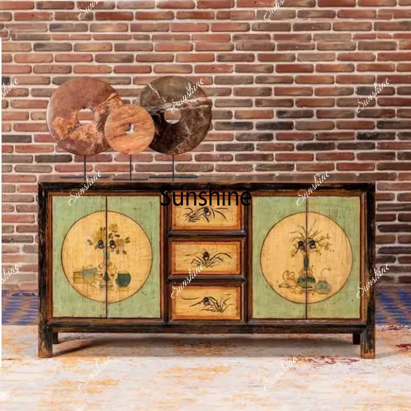 New Chinese solid wood retro dining side cabinet hand-painted classical painting cabinet, painted locker living room B & B