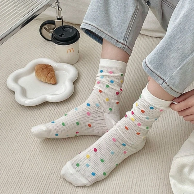 

Носки дофаминового цвета в горошек из чистого хлопка, женские весенне-летние дышащие универсальные носки среднего размера из тонкой сетки
