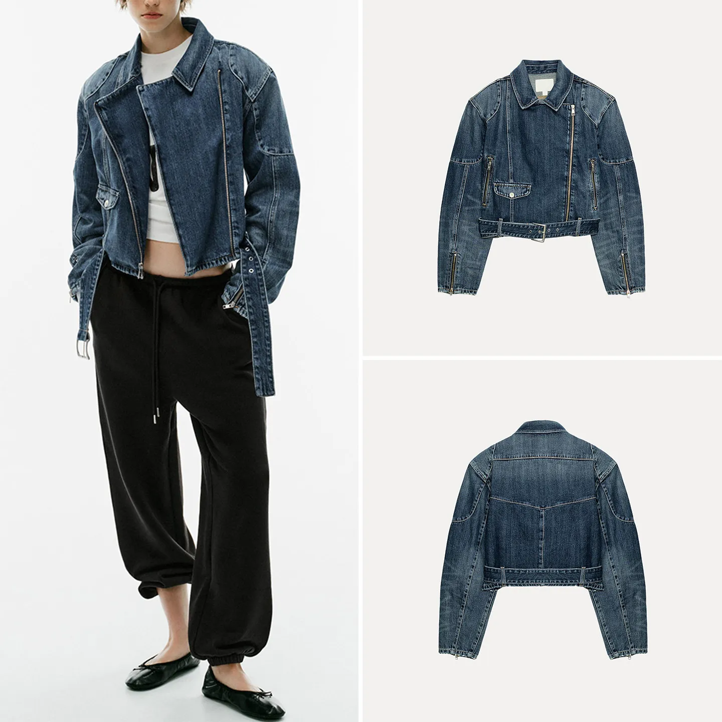 Women's Long Sleeve Collared Belted Denim Motorcycle Jacket Outerwear Autumn 2026 Standard Fit Other Material ZADATA