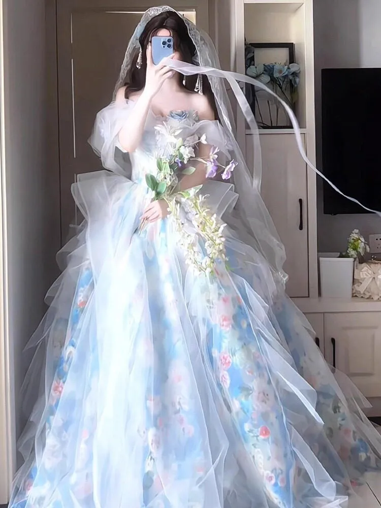 New blue one-shoulder style banquet year Student Day coming-of-age ceremony host dress