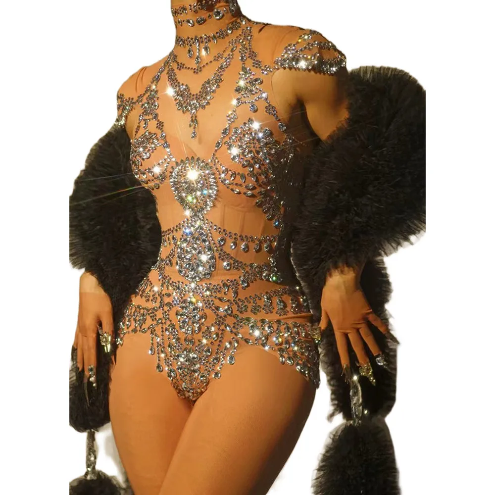 

Women See Through diamond Crystal Bodysuit Club Birthday Leotard Dancer Playsuit Performance Lady sexy Mesh Rhinestone Jumpsuits