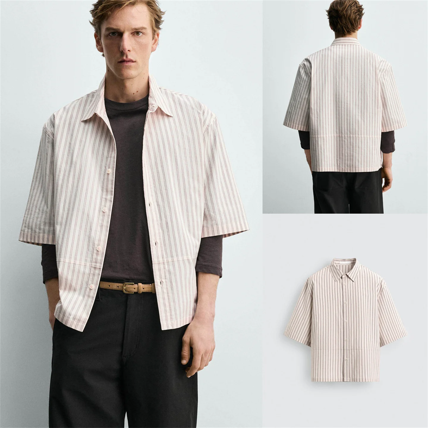 

Summer New Men's Fashion Cotton Loose Short Sleeve Striped Shirt Turn-down Collar Comfortable Breathable Youthful Style