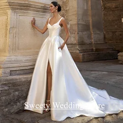 Arab Wedding Dresses for Bride 2025 Customized Sexy V Neck Sleeveless Beading Pearls A Line Bridal Gown Split Bride Dresses