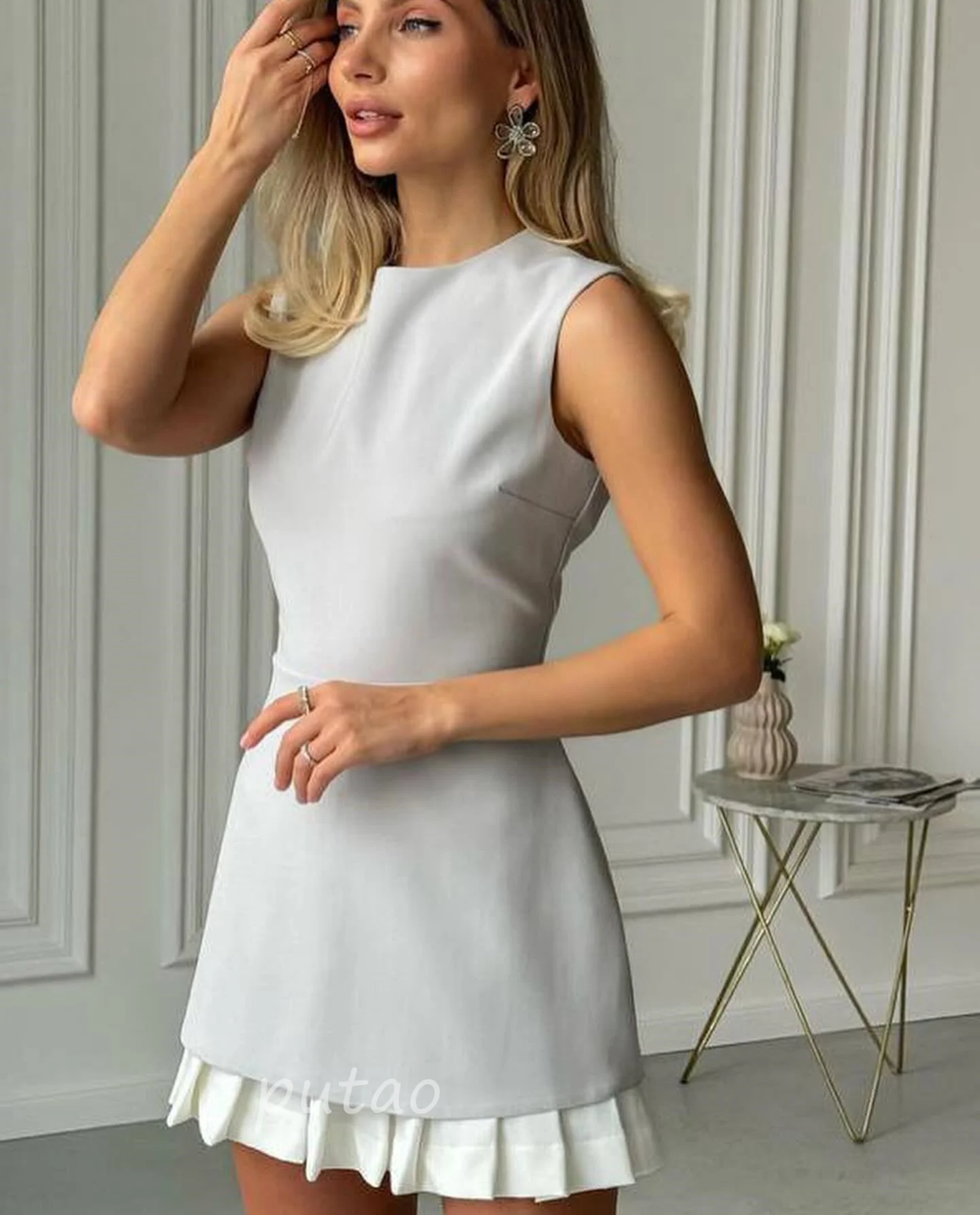 PuTao-Vestidos cortos de regreso a casa para mujer, moda sin mangas, línea A con volantes, vestido de graduación de verano, Mini vestido de fiesta elegante