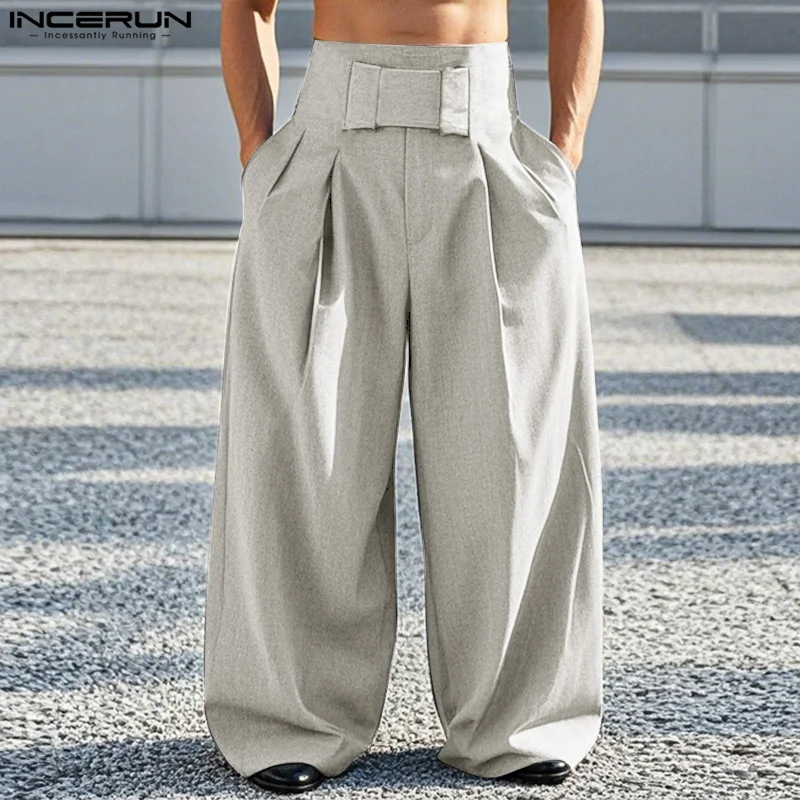 INCERUN American Style Trousers Fashion Men Solid High Waisted Design Pant Casual Streetwear Male Hot Selling Wide Leg Pantalons