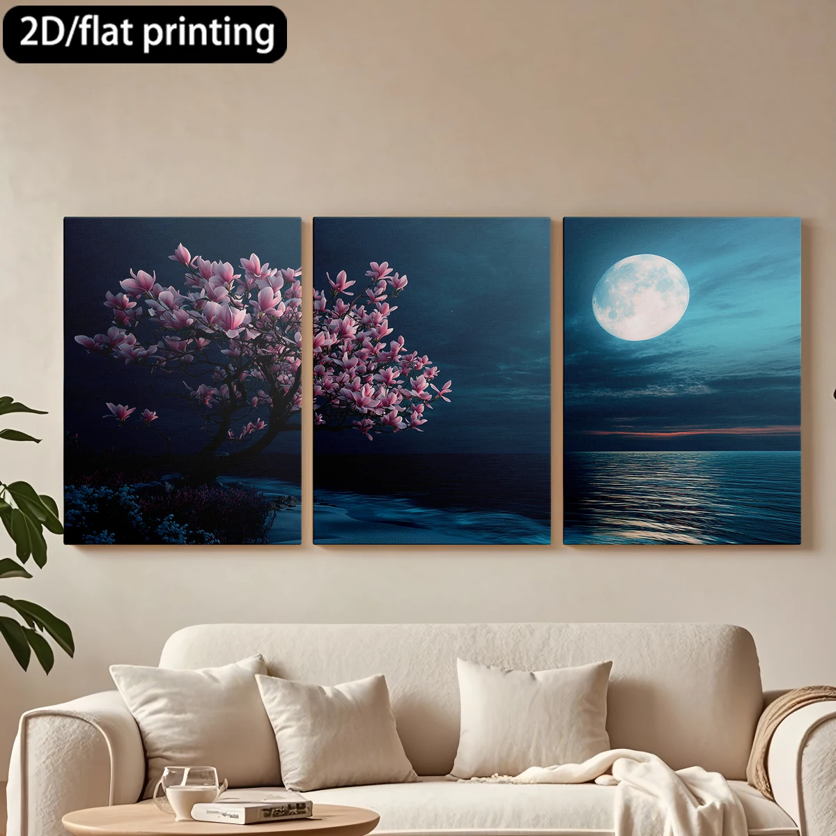 

3pc wooden frame canvas decorative paintingMoonlit beach, pink tree, reflective sea.Corridor bedroom decoration