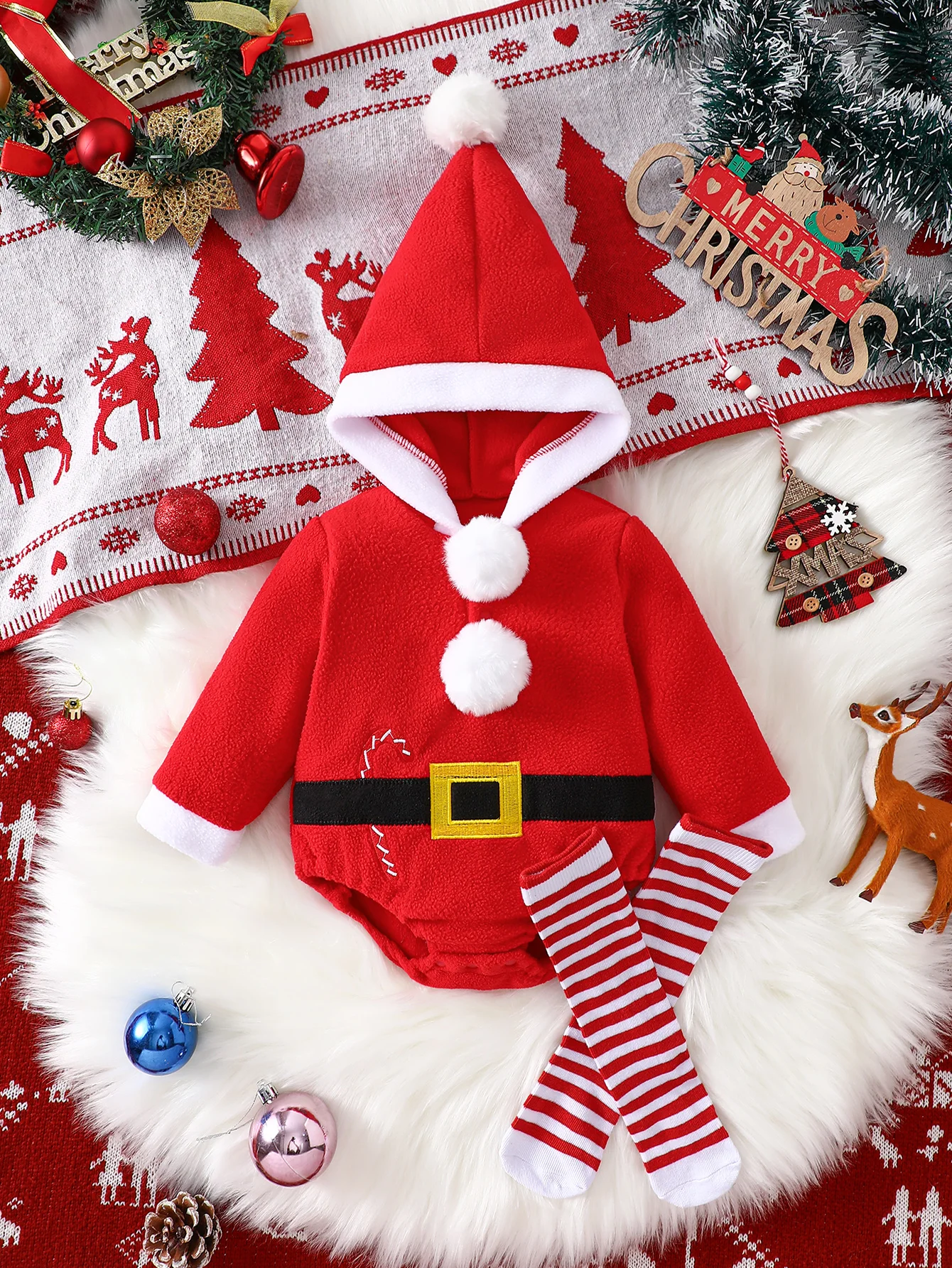 IURNXB Baby Santa Claus Costume 2Pcs Clothes Set Infant Hooded Red Fleece Bodysuit + Socks Newborn Christmas Outfit Xmas 1-18M
