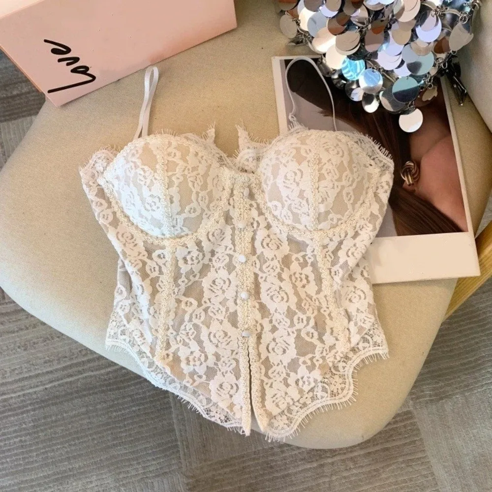 Elegant Transparent Lace Camisole Slim fit Fishbone Crop Tops Sleeveless Lace Corset Ladies