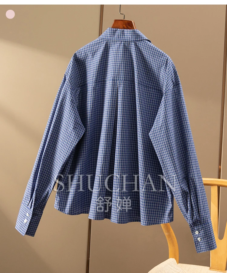 High Waist Perfect Match High-end Classic Fashion Plaid Pure Cotton Long-sleeved Short Shirt Women 4W34