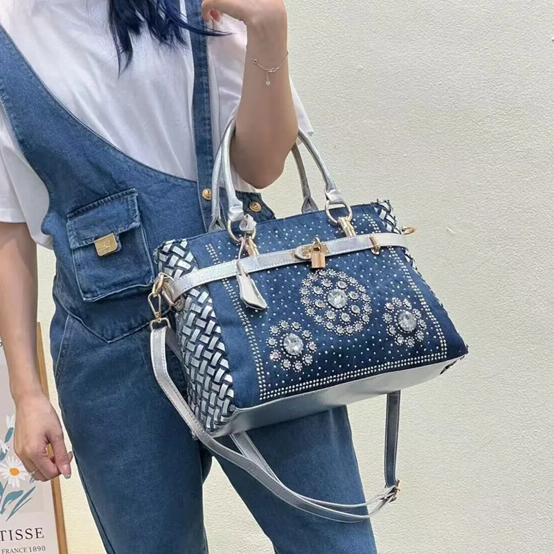 Cowboy bag with drill braided rivets Fashion womens handbag large bags patchwork jean style  crystal decoration blue bag