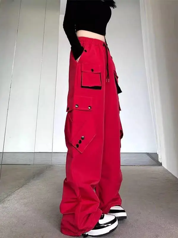 

Мужские свободные прямые рабочие брюки в стиле американского стрит-хип-хопа, весенние, с множеством карманов, на шнурке, длинные