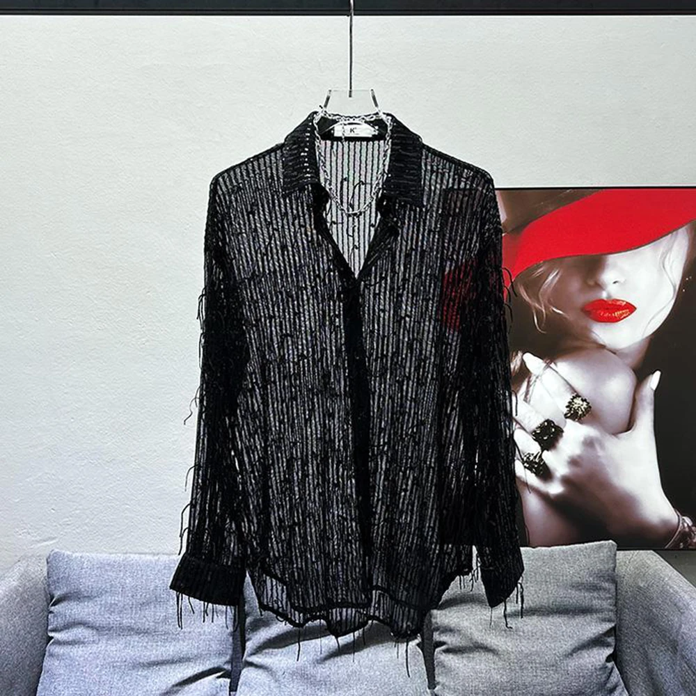 Mens Shirt Hollow Sequins Tassel Ballroom Mesh Shirt Fashion Nightclub Stage Performance Niche Long-Sleeved Top Men'S Clothing