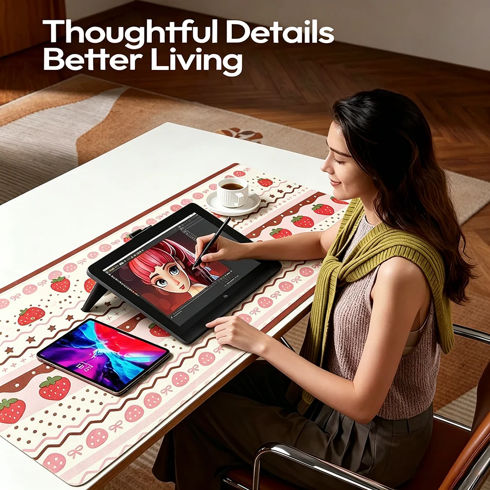Leather Desk Pad Protector Pink Polka Dots Bow Star Y2K Strawberry Cherry Korean inMouse Pad Office Desk Mat PU Desk Blotter Pad