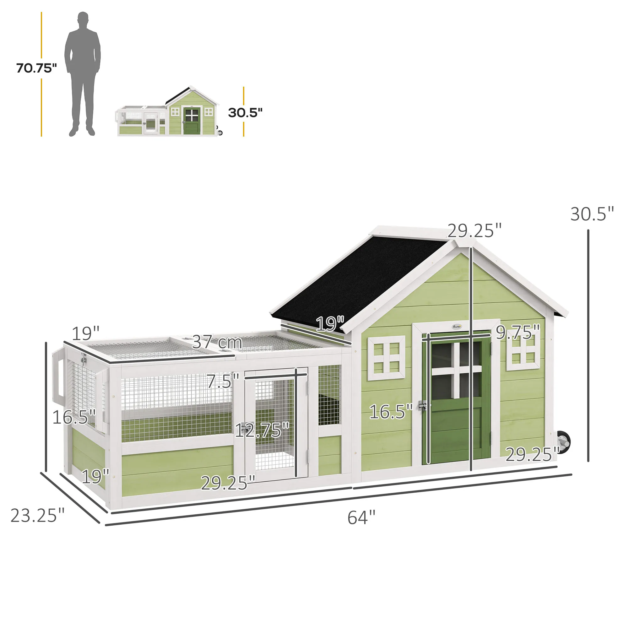 Outdoor Wooden Rabbit Cage Extra Large Space Asphalt Roof Durable Waterproof with Handle Wheels Easy Move 64in for Small Animals