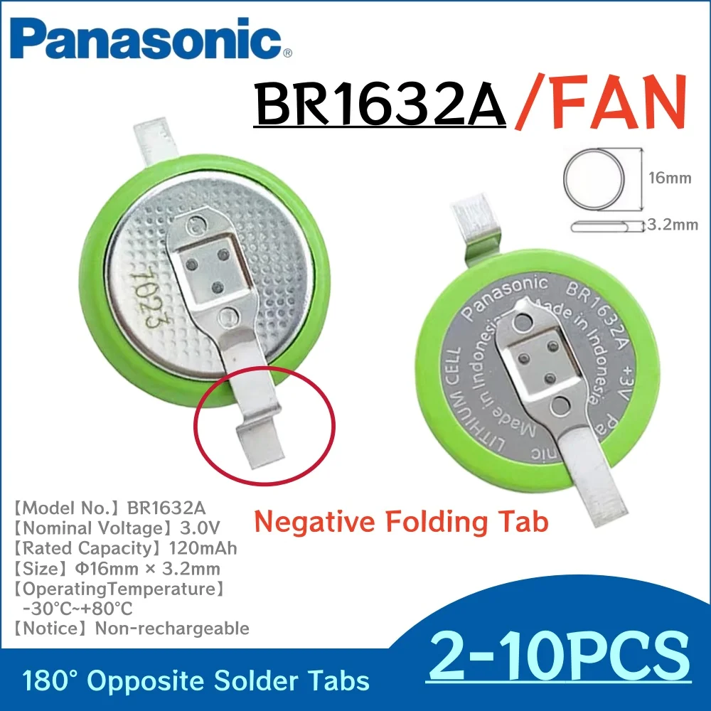 2-10Pcs Original Panasonic BR1632A/FAN 3V coin lithium battery with soldering pins, operating temperature -40°C to 125°C