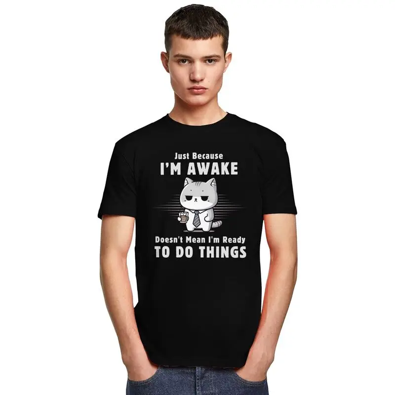 Мужская футболка с забавным котом и кофе, мужская футболка с коротким рукавом из 100% хлопка, футболки для отдыха, модные футболки