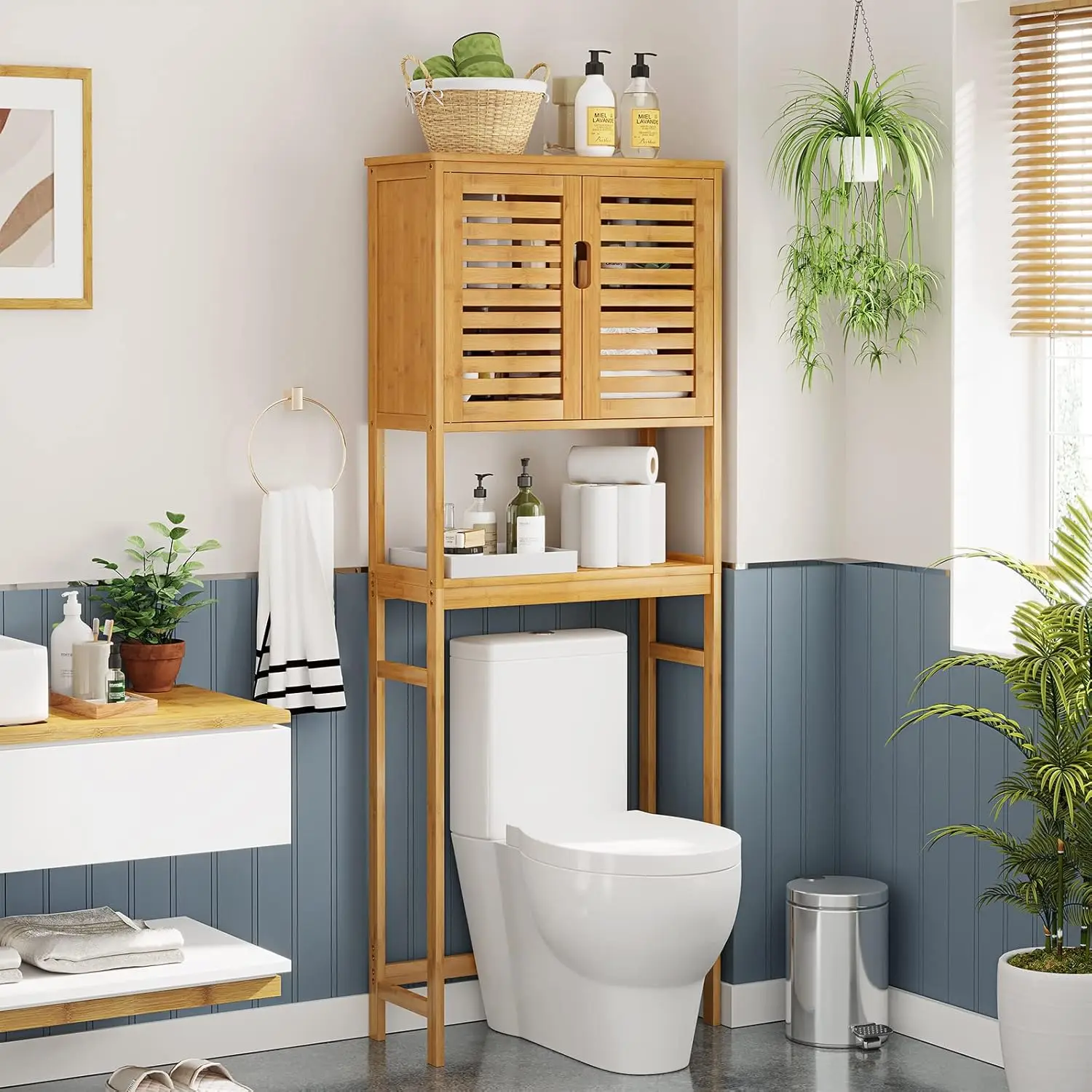 Over The Toilet Storage Cabinet, Tall Bathroom Cabinet Organizer with Cupboard and Adjustable Shelves, Freestanding Toilet Shelf