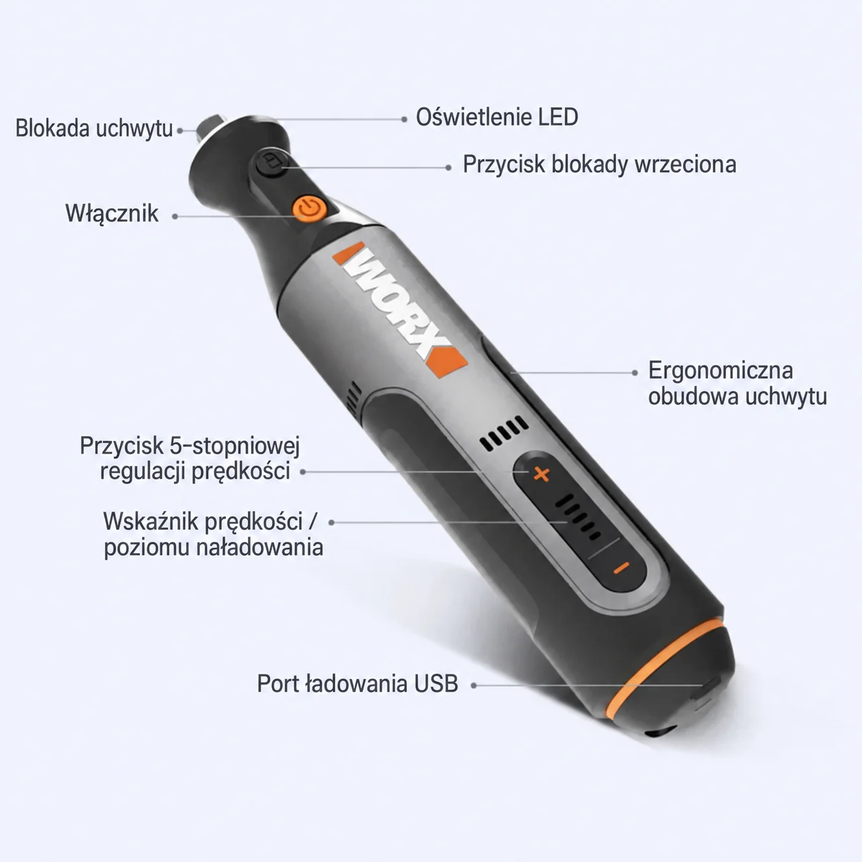 Worx 8V – akumulatorowe narzędzie wielofunkcyjne WX106: miniaturowa wiertarka, grawerka, szlifierka, polerka, ładowarka USB, regulowana prędkość, zestaw narzędzi.
