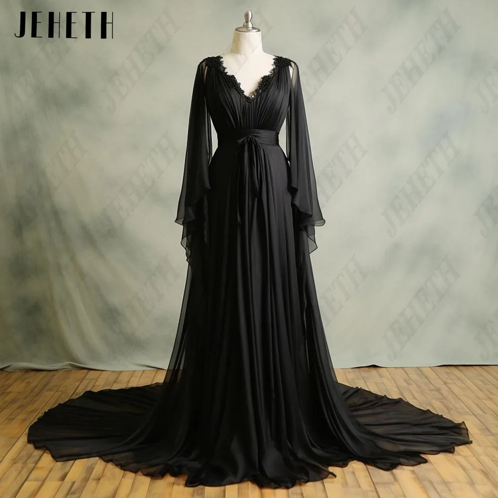 JEHETH Chiffon Saudi Arabien Abendkleid Real Foto Spitze Lange Flare Ärmel SchJeheth Chiffon Saudi-Arabien Abendkleid echte Foto Spitze lange Flare Ärmel schwarz A-Linie V-Ausschnitt Ballkleid فساتين مناسبة رسمية رسمية