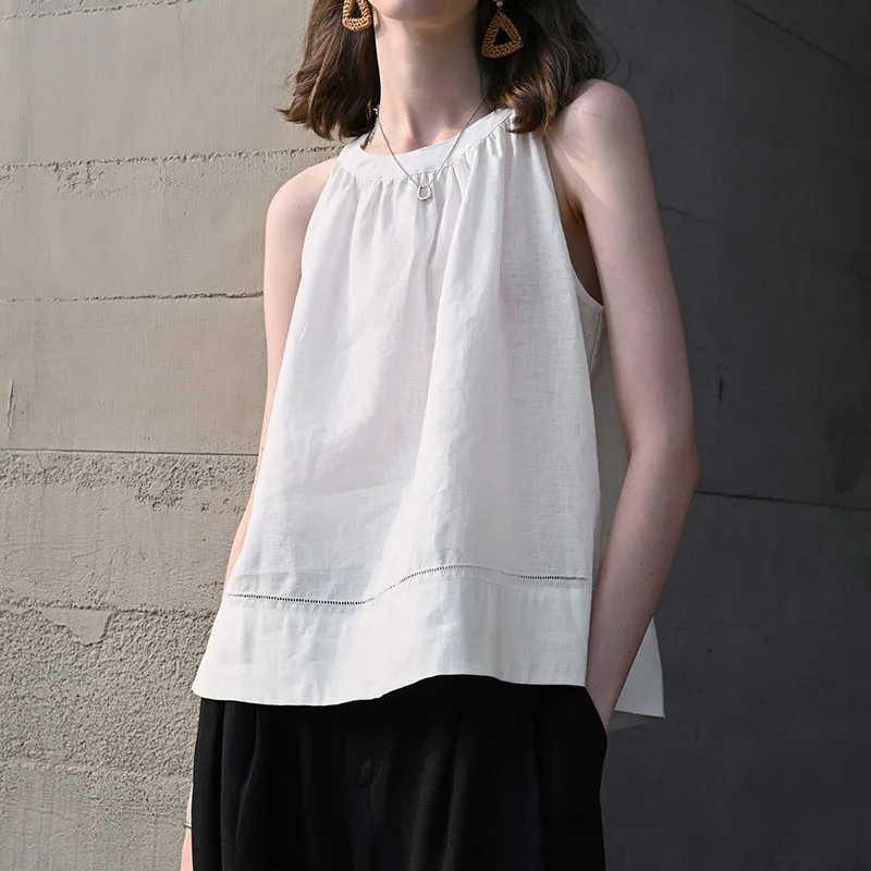 Women Camisoles Round Neck Halter Design Pleated Neckline Buttons Fixed Sleeveless Solid Color Simple Comfortable Versatile Top