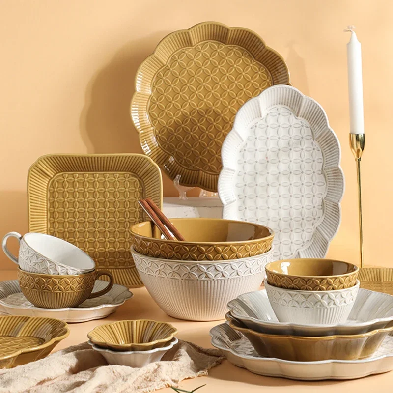 

Creative Solid Color Relief Ceramic Plate Fashion Classic Irregular Steak Plates Delicious Dishes Soup Bowls Exquisite Tableware