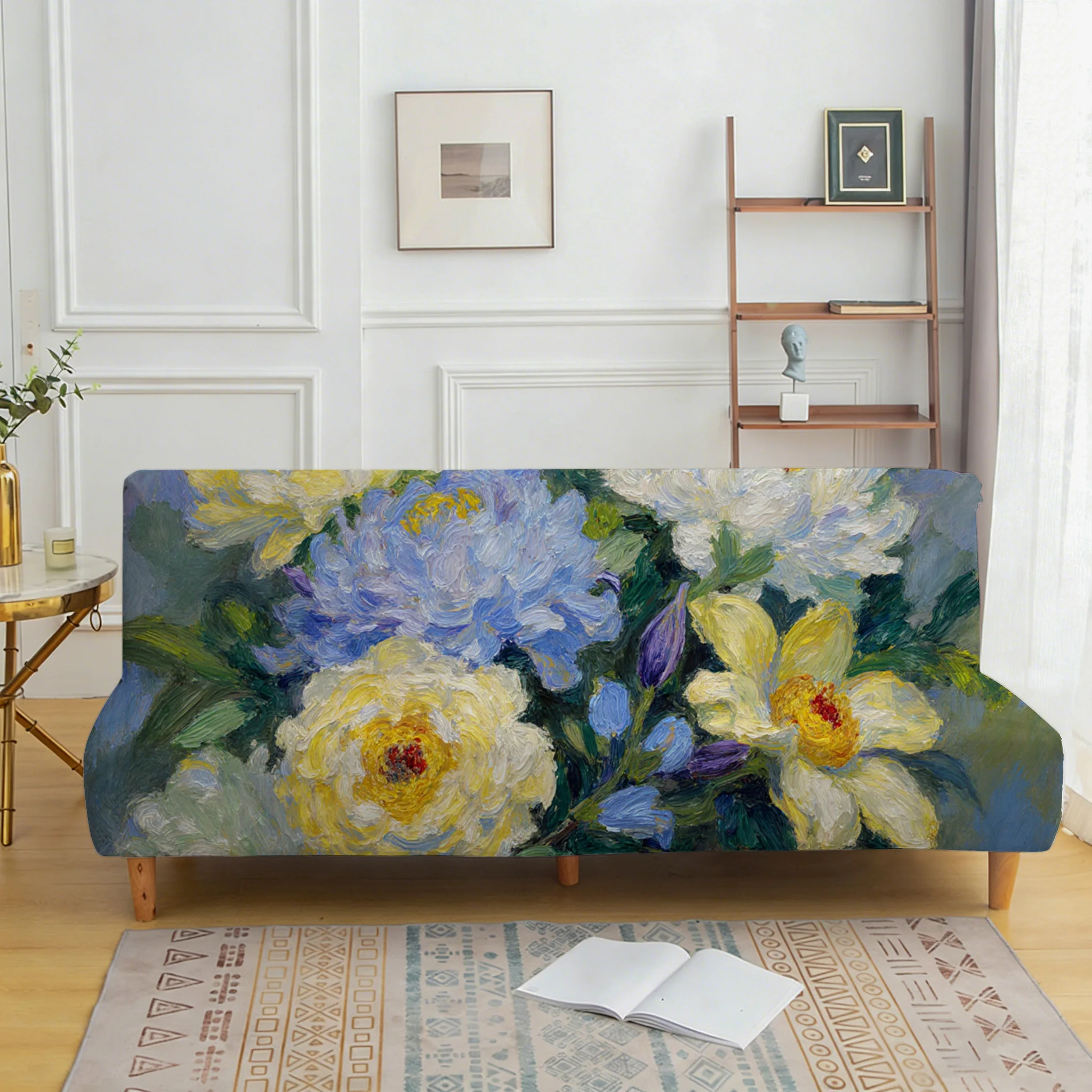 Oil painting peony printing elastic sofa bed cover, living room sofa bed cover, dustproof machine washable sofa bed cover