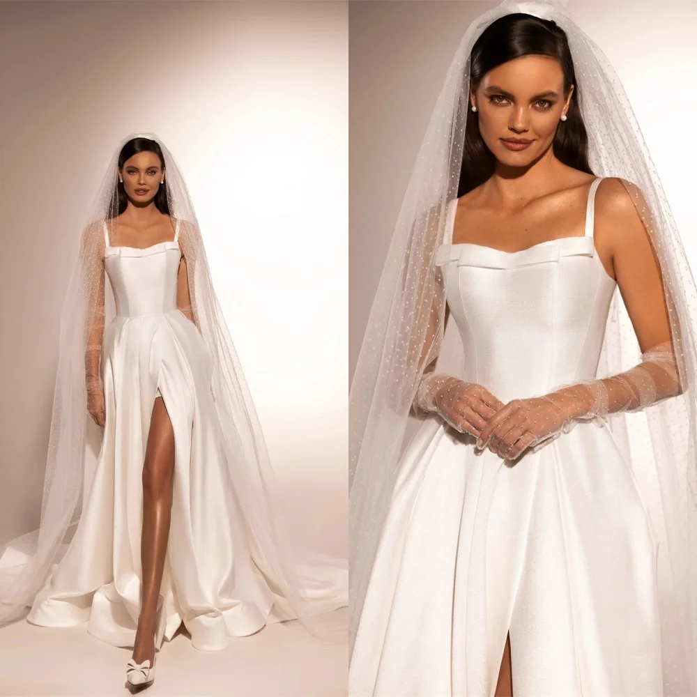 맞춤 제작 고품질 새틴 웨딩드레스 우아한 스트랩리스 스파게티 스트랩 슬리브리스 채플 트레인 백리스 브라이덜 가운