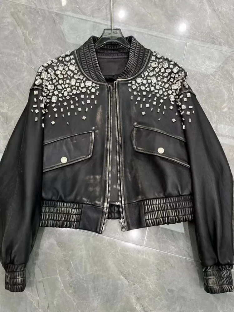 Punk Style Women Shiny Diamonds Sheepskin Genuine Leather Jacket Stand Collar Pockets Vintage Bomber Jacket New Stage Show Coat